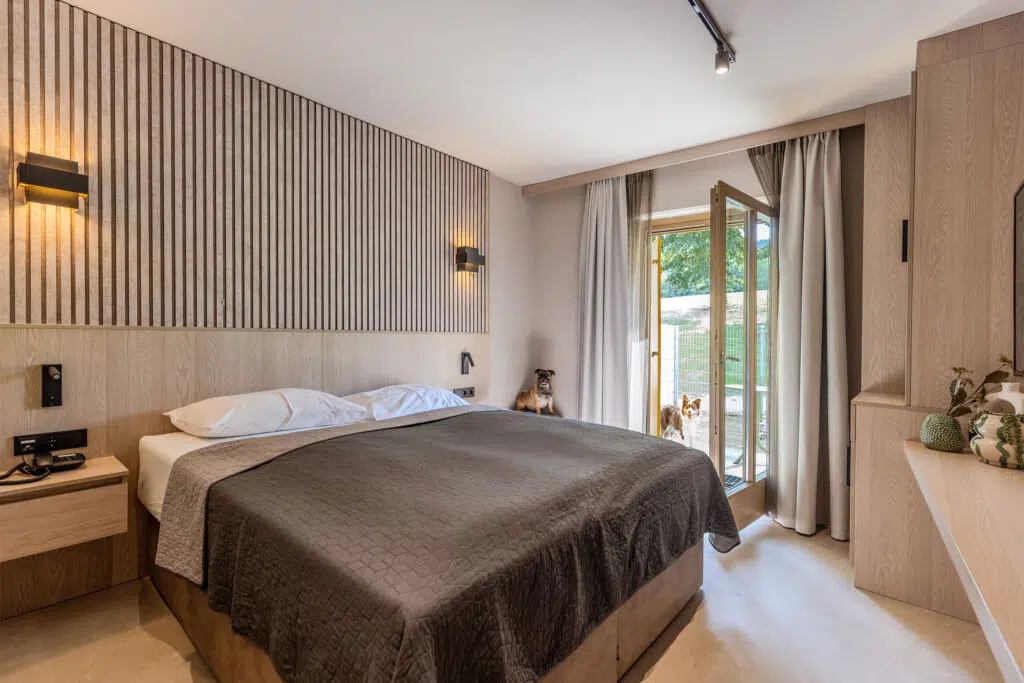 Schlafzimmer mit grauer Tagesdecke und offener Terrassentür, davor zwei Hunde, Aldiana Club Ampflwang