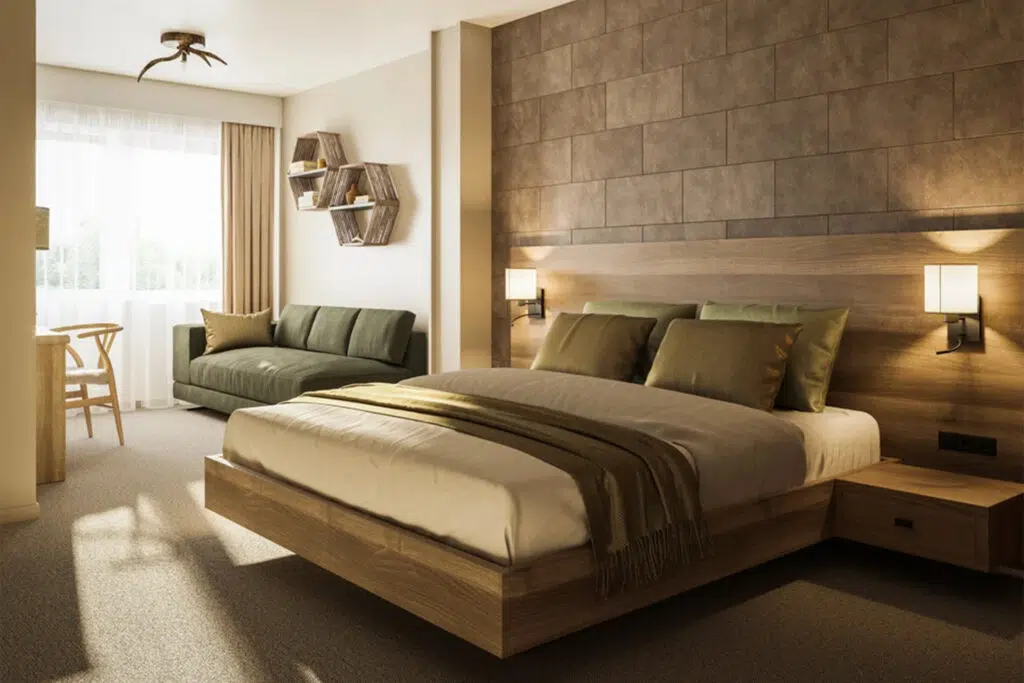 Hotelzimmer mit Geweihleuchte, olivgrünem Sofa und schwebendem Holzbett, Aldiana Club Schlanitzen Alm